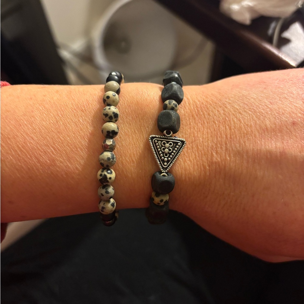 Stylish Black and Silver Bracelets with Natural Stone Beads and Textured Charm